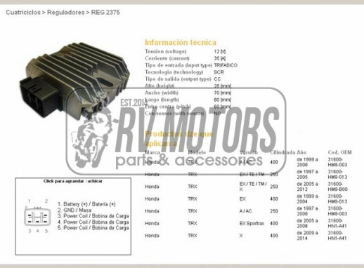 Регулятор напруги HONDA TRX400 EX SPORTRAX 99-09, TRX250 RECON 97-11, SPORTRAX 01-08 DZE ELEKTRYKA 2375-01