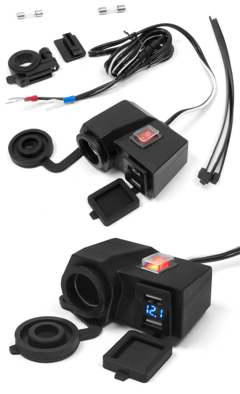 Комплект USB зарядное на 2 порта + прикуриватель + вольтметр BIKETEC MUS06