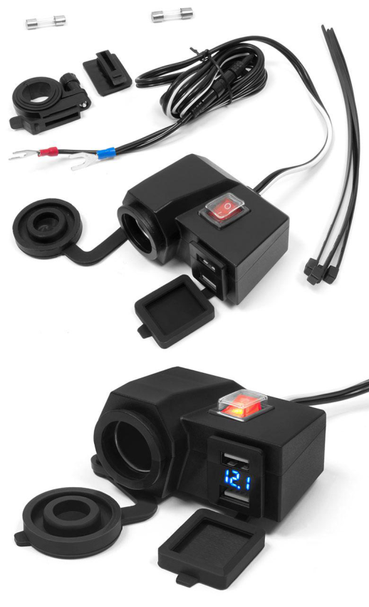 Комплект USB зарядное на 2 порта + прикуриватель + вольтметр BIKETEC MUS06